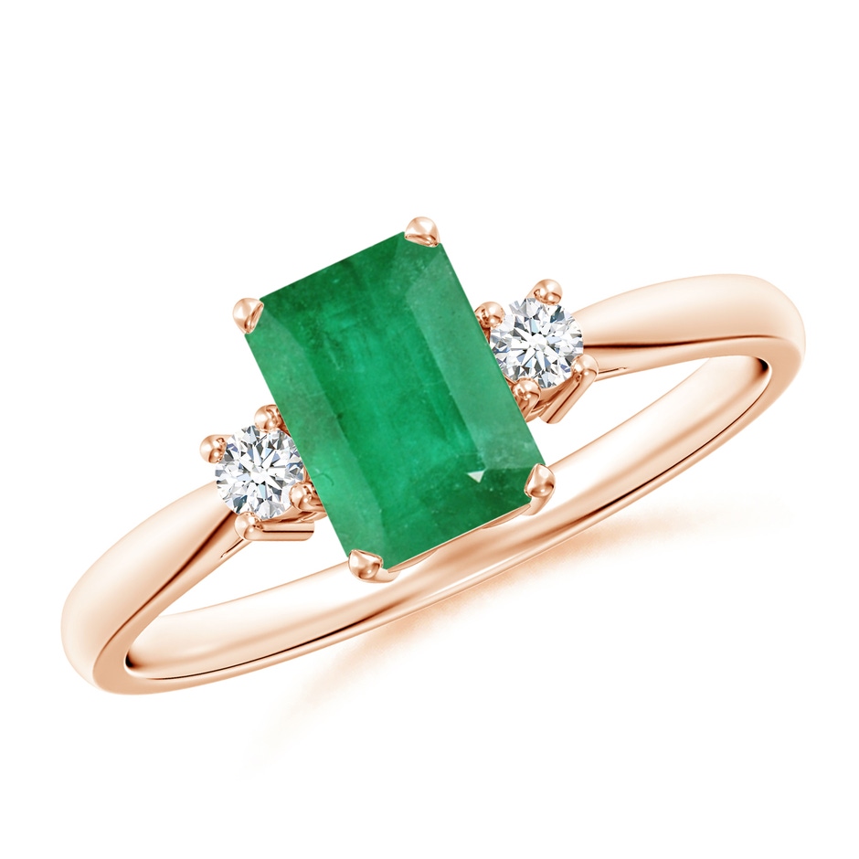 7x5mm A Classic Emerald-Cut Emerald & Round Diamond Three Stone Ring in 9K Rose Gold 