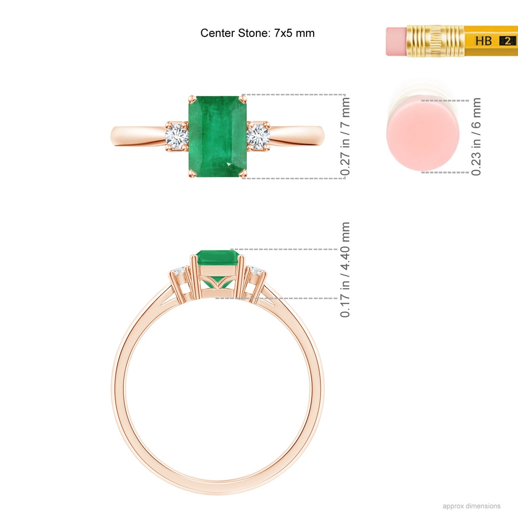 7x5mm A Classic Emerald-Cut Emerald & Round Diamond Three Stone Ring in 9K Rose Gold ruler
