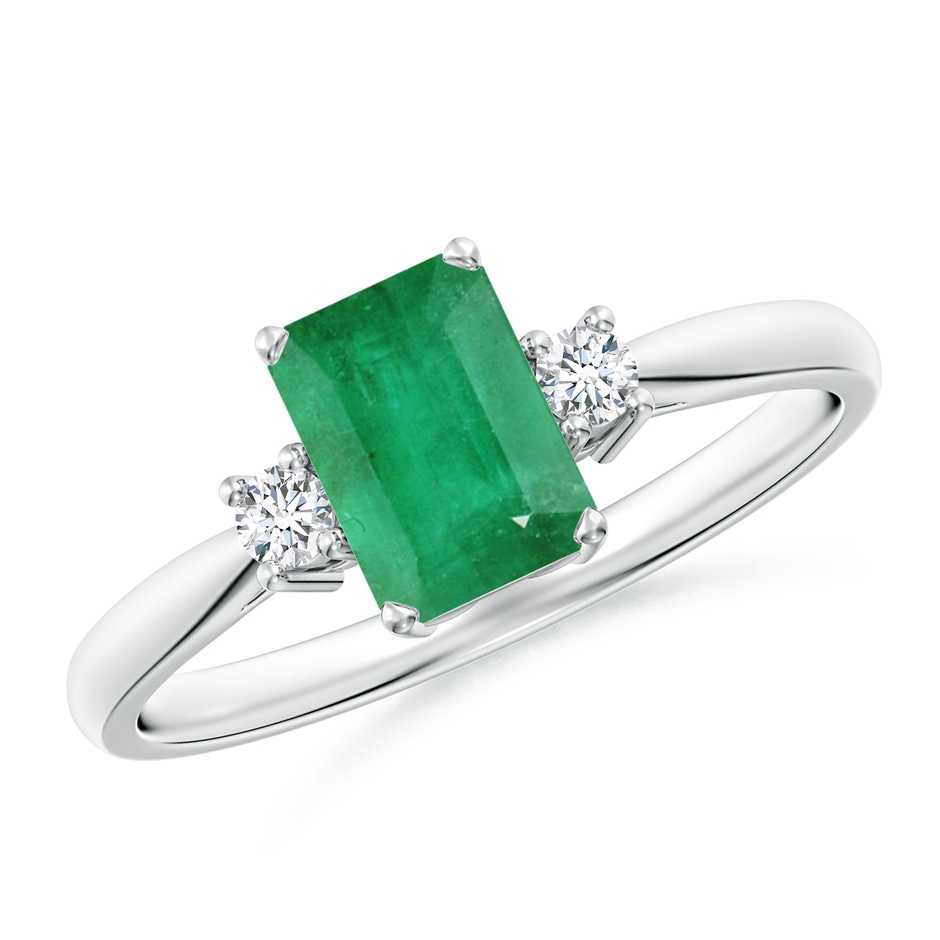7x5mm A Classic Emerald-Cut Emerald & Round Diamond Three Stone Ring in P950 Platinum 