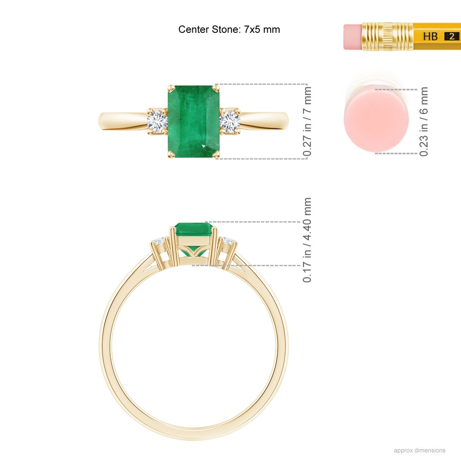 7x5mm A Classic Emerald-Cut Emerald & Round Diamond Three Stone Ring in Yellow Gold ruler