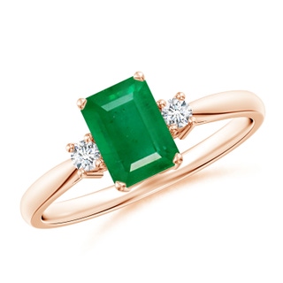 7x5mm AA Classic Emerald-Cut Emerald & Round Diamond Three Stone Ring in 9K Rose Gold