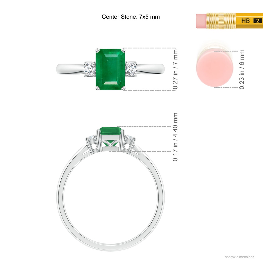 7x5mm AA Classic Emerald-Cut Emerald & Round Diamond Three Stone Ring in P950 Platinum ruler