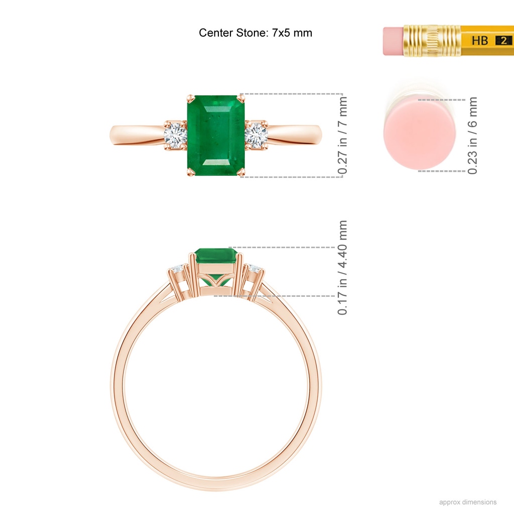 7x5mm AA Classic Emerald-Cut Emerald & Round Diamond Three Stone Ring in Rose Gold ruler