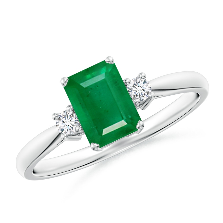 7x5mm AA Classic Emerald-Cut Emerald & Round Diamond Three Stone Ring in S999 Silver 