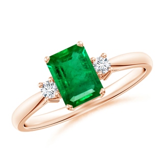 7x5mm AAA Classic Emerald-Cut Emerald & Round Diamond Three Stone Ring in 10K Rose Gold
