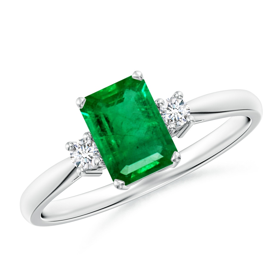 7x5mm AAA Classic Emerald-Cut Emerald & Round Diamond Three Stone Ring in White Gold 