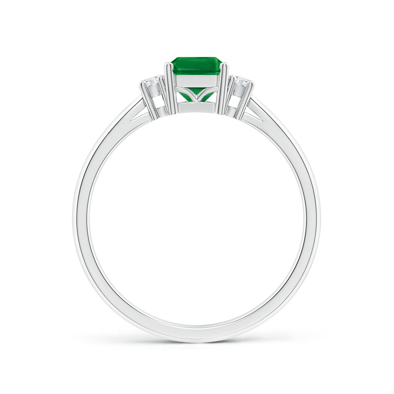 7x5mm AAA Classic Emerald-Cut Emerald & Round Diamond Three Stone Ring in White Gold - side 2