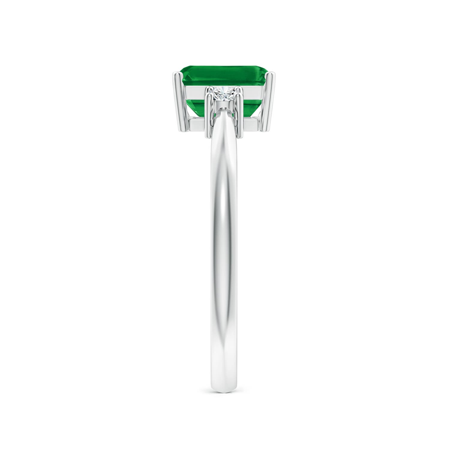 7x5mm AAA Classic Emerald-Cut Emerald & Round Diamond Three Stone Ring in White Gold - side 3