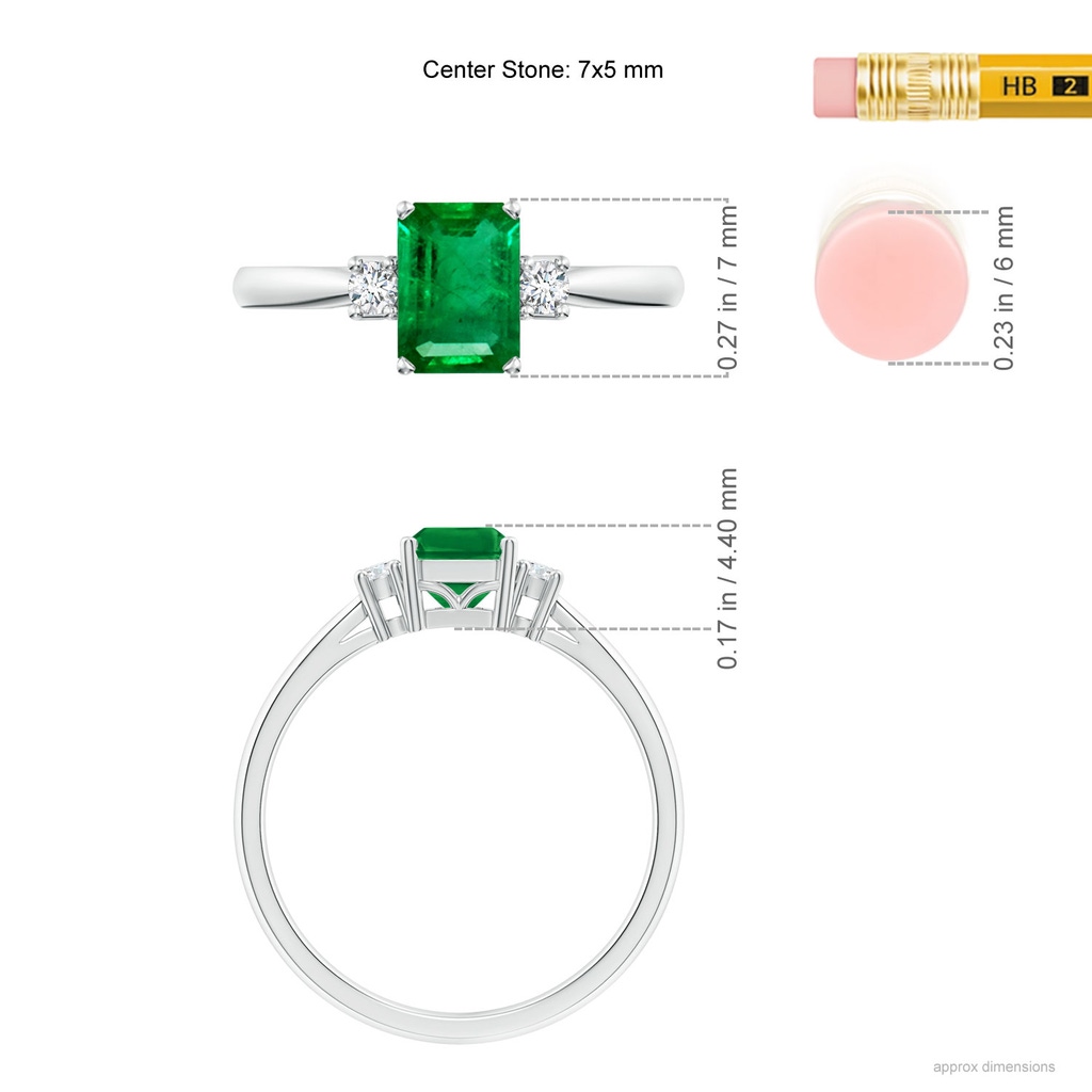 7x5mm AAA Classic Emerald-Cut Emerald & Round Diamond Three Stone Ring in White Gold ruler