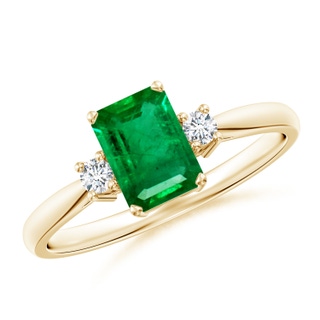 7x5mm AAA Classic Emerald-Cut Emerald & Round Diamond Three Stone Ring in Yellow Gold