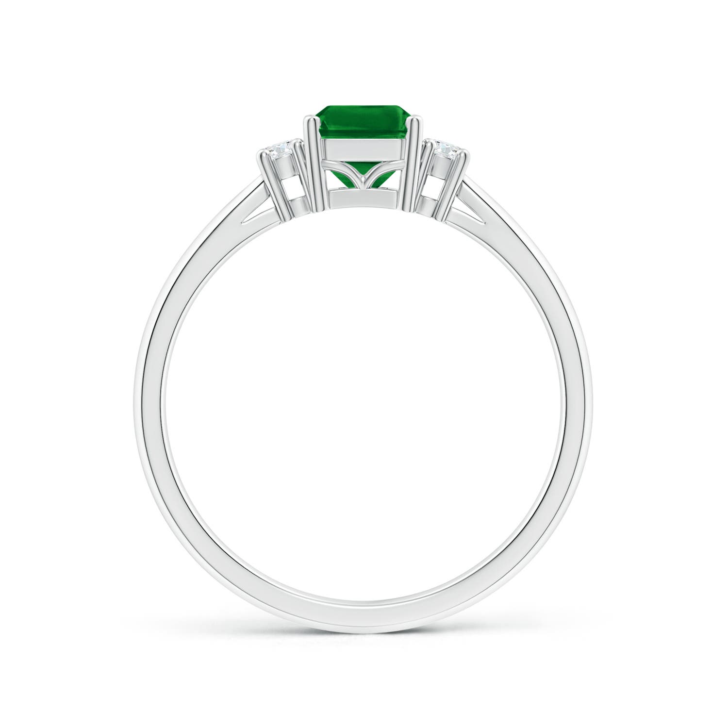 7x5mm AAAA Classic Emerald-Cut Emerald & Round Diamond Three Stone Ring in P950 Platinum