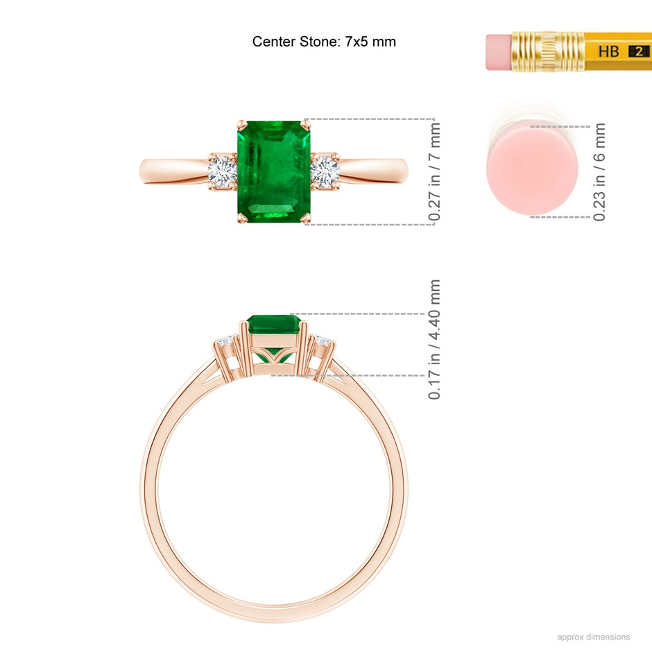 7x5mm AAAA Classic Emerald-Cut Emerald & Round Diamond Three Stone Ring in Rose Gold ruler