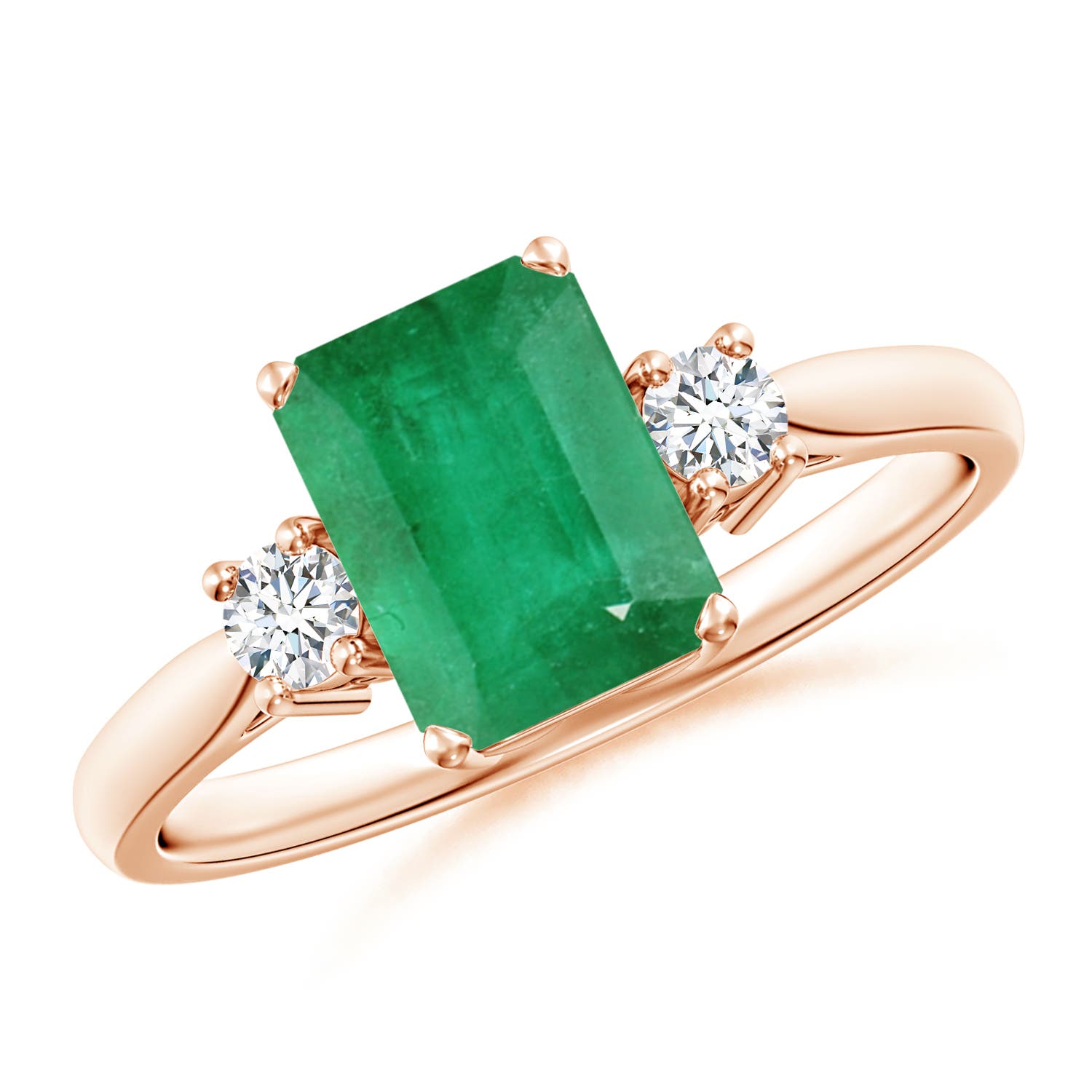 8x6mm A Classic Emerald-Cut Emerald & Round Diamond Three Stone Ring in Rose Gold