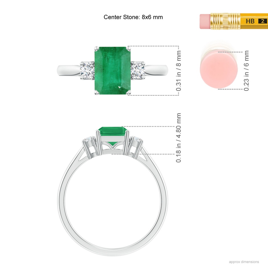 8x6mm A Classic Emerald-Cut Emerald & Round Diamond Three Stone Ring in White Gold ruler