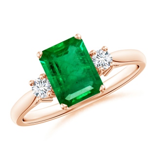 8x6mm AAA Classic Emerald-Cut Emerald & Round Diamond Three Stone Ring in 10K Rose Gold