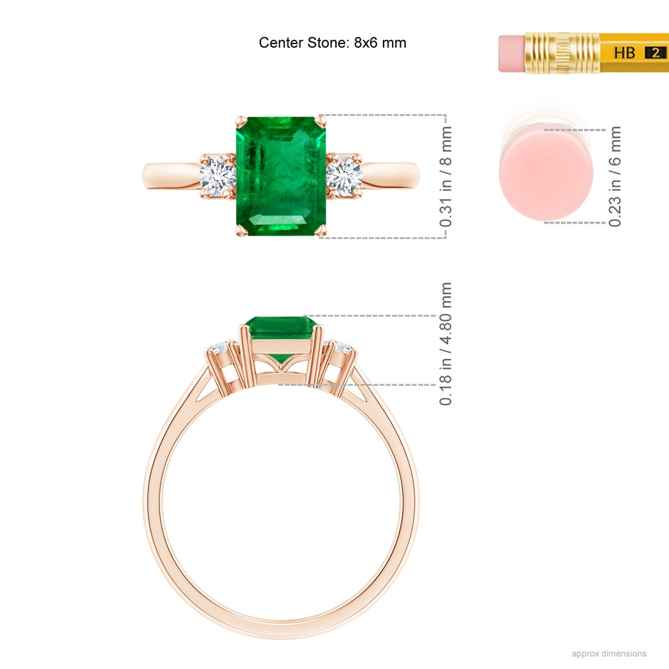 8x6mm AAA Classic Emerald-Cut Emerald & Round Diamond Three Stone Ring in Rose Gold ruler