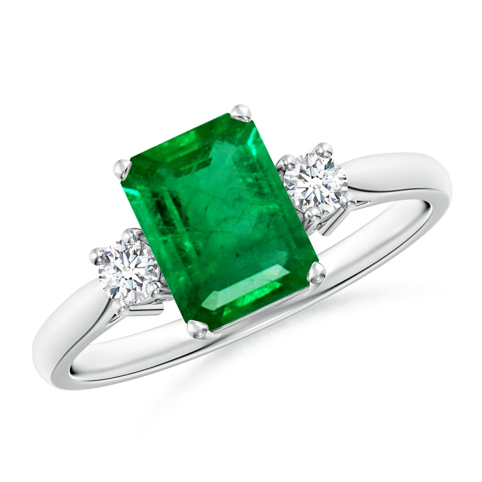 8x6mm AAA Classic Emerald-Cut Emerald & Round Diamond Three Stone Ring in White Gold 