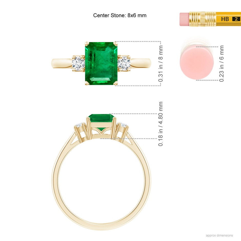 8x6mm AAA Classic Emerald-Cut Emerald & Round Diamond Three Stone Ring in Yellow Gold ruler