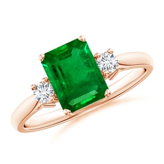 8x6mm AAAA Classic Emerald-Cut Emerald & Round Diamond Three Stone Ring in 9K Rose Gold