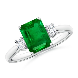 8x6mm AAAA Classic Emerald-Cut Emerald & Round Diamond Three Stone Ring in P950 Platinum