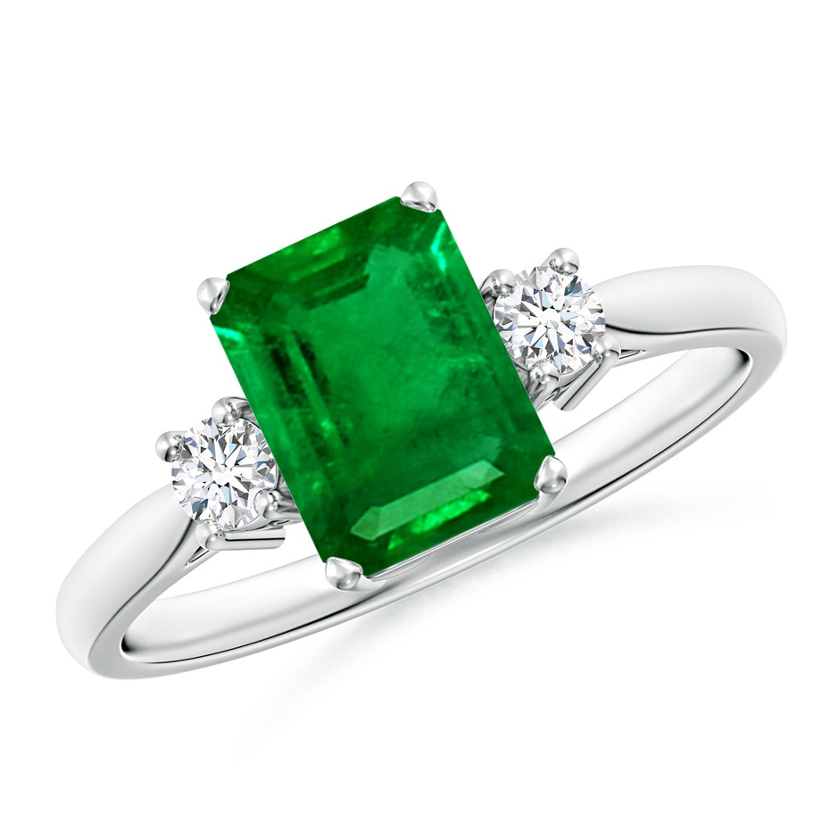 8x6mm AAAA Classic Emerald-Cut Emerald & Round Diamond Three Stone Ring in White Gold 