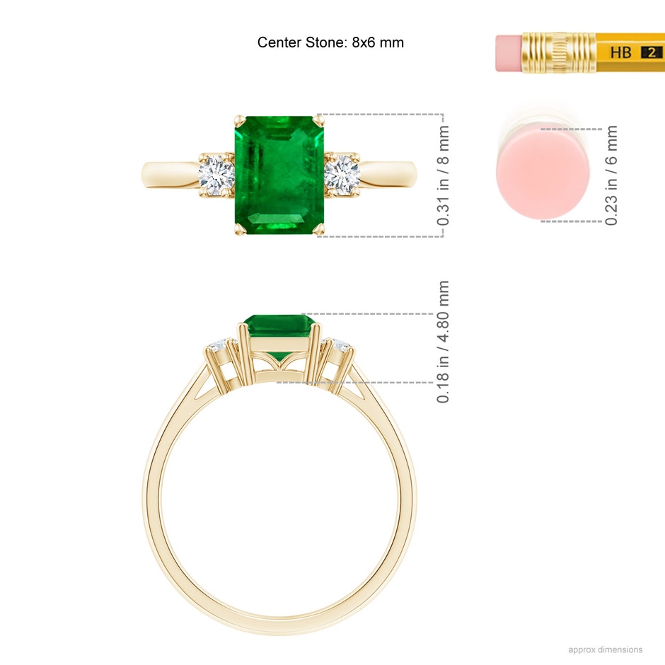 8x6mm AAAA Classic Emerald-Cut Emerald & Round Diamond Three Stone Ring in Yellow Gold ruler