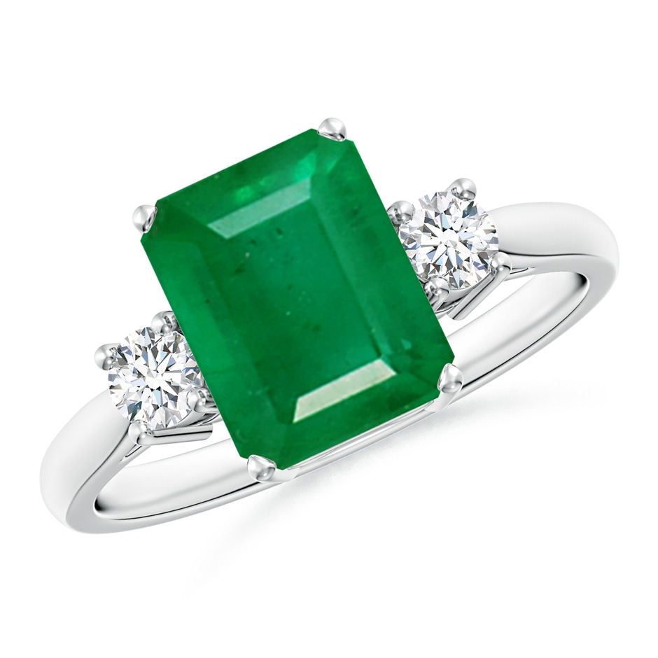 9x7mm AA Classic Emerald-Cut Emerald & Round Diamond Three Stone Ring in P950 Platinum 