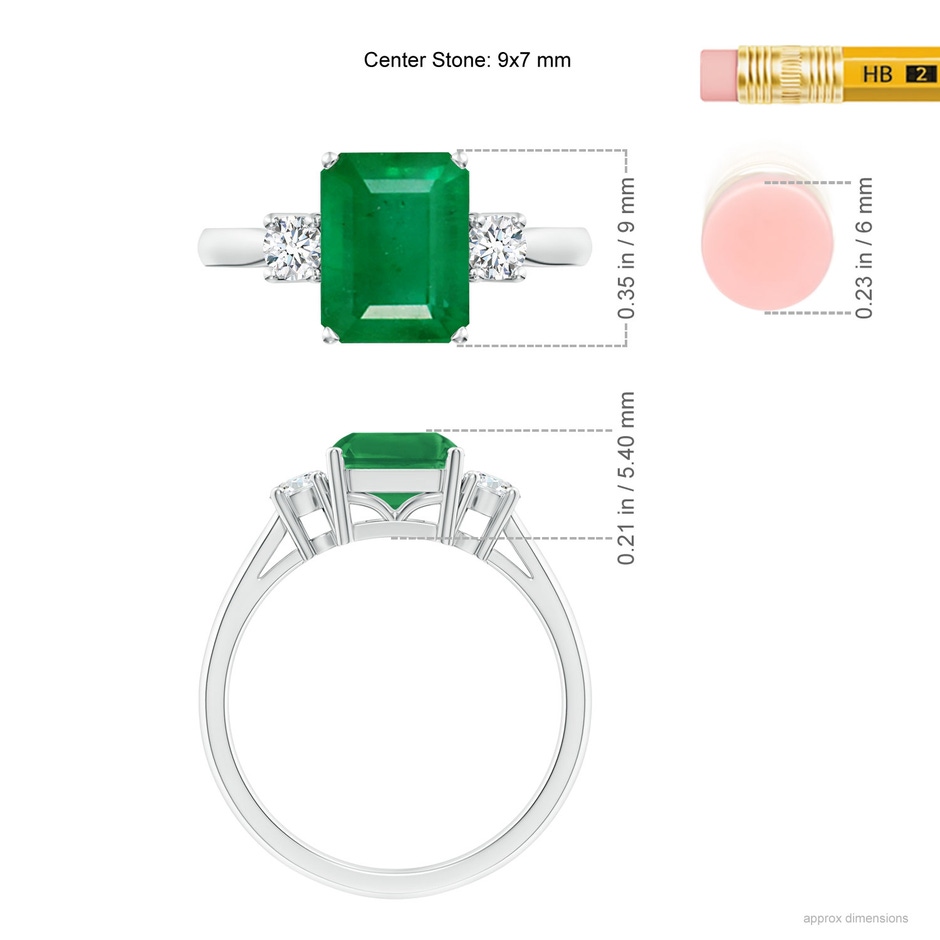 9x7mm AA Classic Emerald-Cut Emerald & Round Diamond Three Stone Ring in P950 Platinum ruler