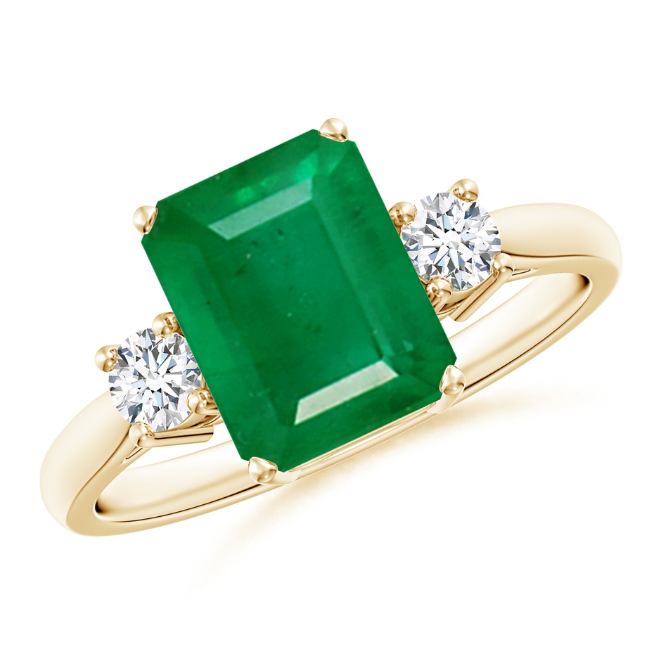 9x7mm AA Classic Emerald-Cut Emerald & Round Diamond Three Stone Ring in Yellow Gold 