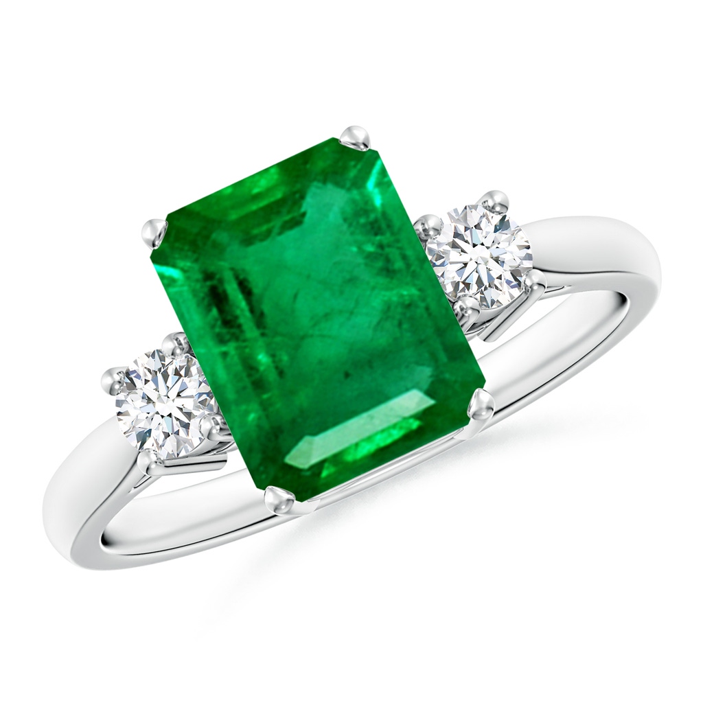 9x7mm AAA Classic Emerald-Cut Emerald & Round Diamond Three Stone Ring in White Gold