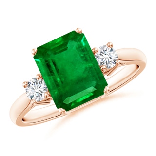9x7mm AAAA Classic Emerald-Cut Emerald & Round Diamond Three Stone Ring in 9K Rose Gold