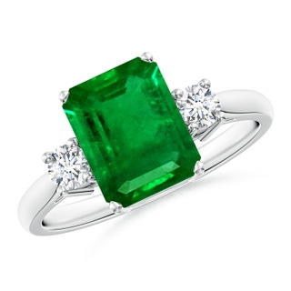 9x7mm AAAA Classic Emerald-Cut Emerald & Round Diamond Three Stone Ring in P950 Platinum