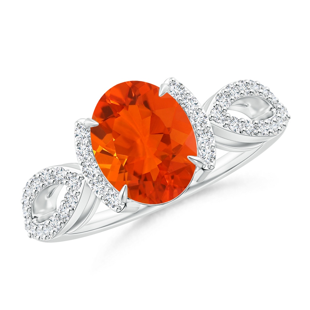 9x7mm AAA Fire Opal Split Shank Ring with Diamond Half Halo in White Gold