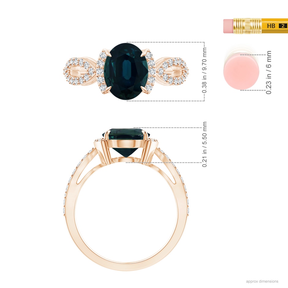 9.70x7.06x5.66mm A GIA Certified Blue Sapphire Split Shank Ring with Diamond Half Halo in Rose Gold ruler