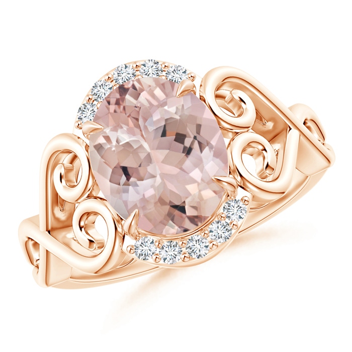 10x8mm AA Vintage Inspired Oval Morganite Ring with Diamond Accents in 18K Rose Gold 