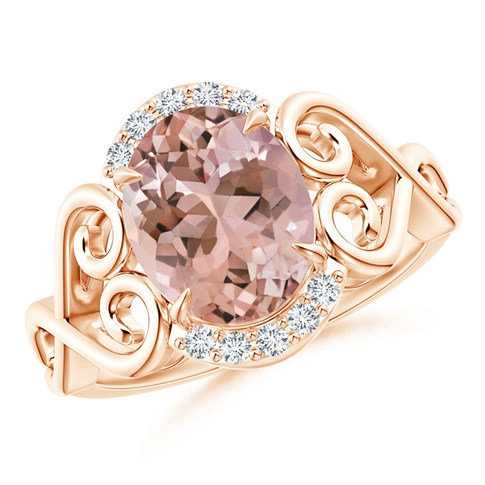 10x8mm AAAA Vintage Inspired Oval Morganite Ring with Diamond Accents in 18K Rose Gold 