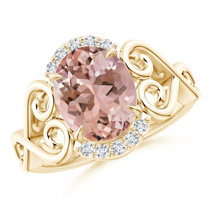 10x8mm AAAA Vintage Inspired Oval Morganite Ring with Diamond Accents in Yellow Gold