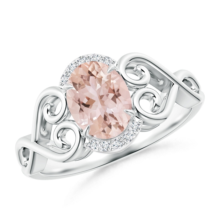 8x6mm AAA Vintage Inspired Oval Morganite Ring with Diamond Accents in 18K White Gold