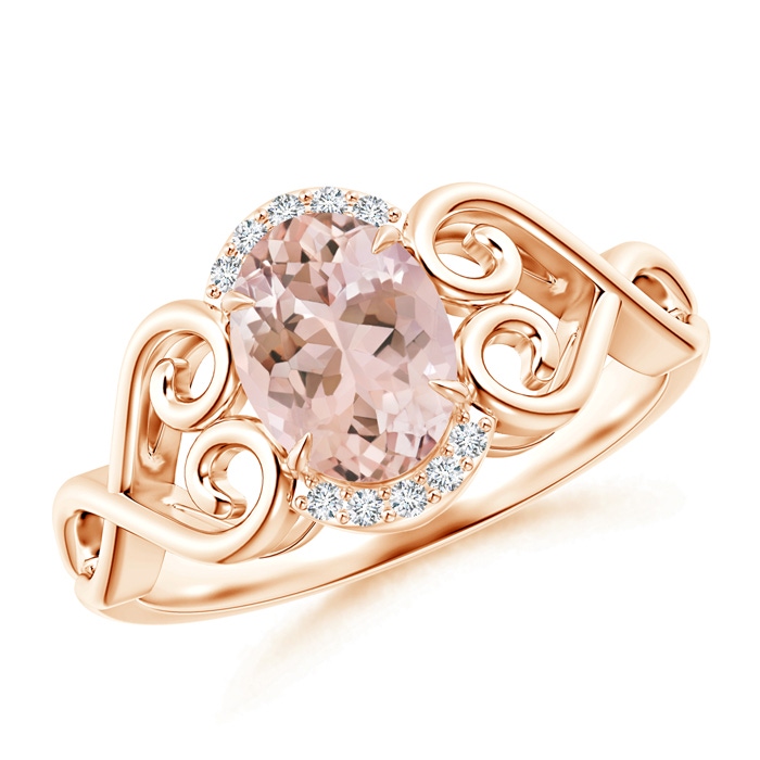 8x6mm AAAA Vintage Inspired Oval Morganite Ring with Diamond Accents in Rose Gold 