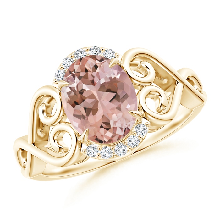 9x7mm AAAA Vintage Inspired Oval Morganite Ring with Diamond Accents in Yellow Gold 