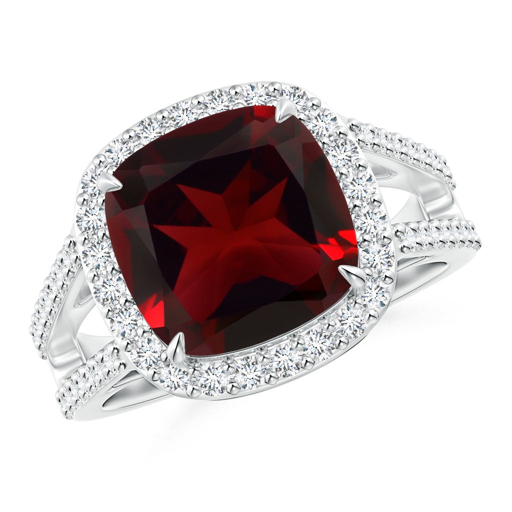 10x10mm AAA GIA Certified Cushion Garnet Split Shank Ring with Halo in 18K White Gold