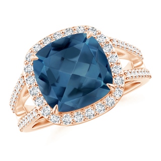 10mm A Cushion London Blue Topaz Split Shank Ring with Diamond Halo in Rose Gold