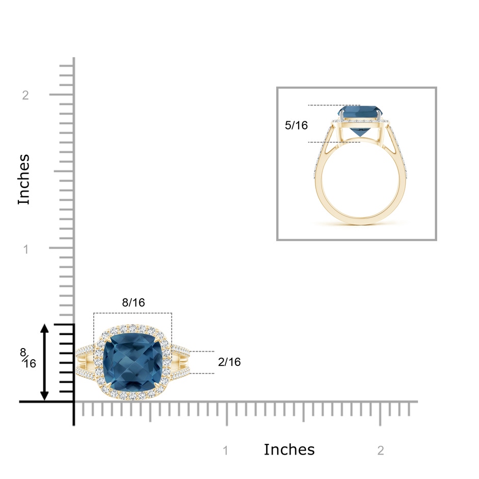 10mm A Cushion London Blue Topaz Split Shank Ring with Diamond Halo in Yellow Gold product image