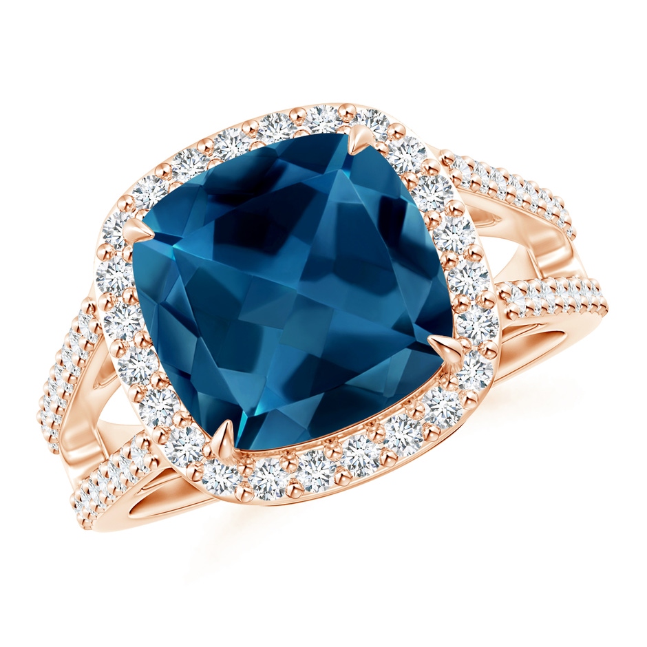 10mm AAA Cushion London Blue Topaz Split Shank Ring with Diamond Halo in Rose Gold 