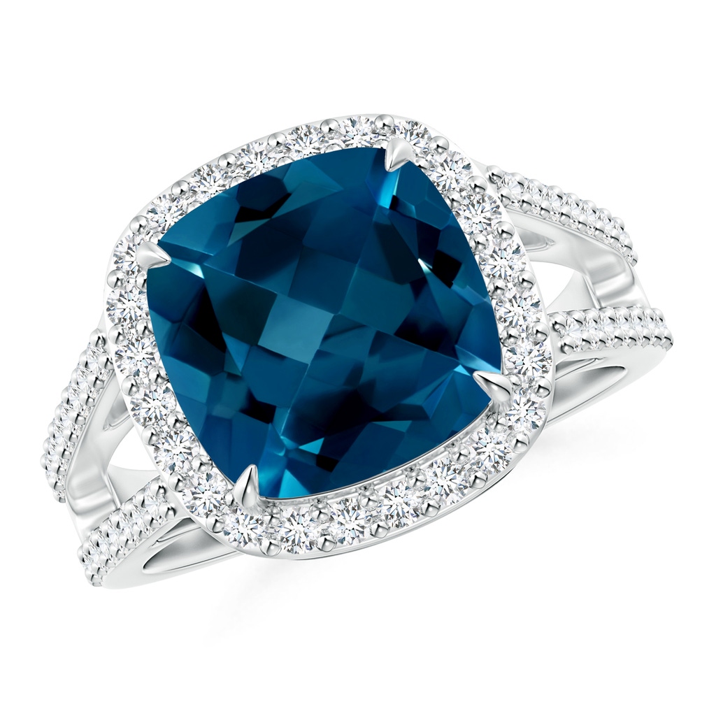 10mm AAAA Cushion London Blue Topaz Split Shank Ring with Diamond Halo in White Gold