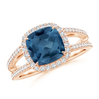 8mm A Cushion London Blue Topaz Split Shank Ring with Diamond Halo in 9K Rose Gold