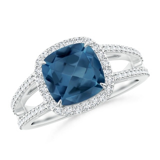 8mm A Cushion London Blue Topaz Split Shank Ring with Diamond Halo in P950 Platinum