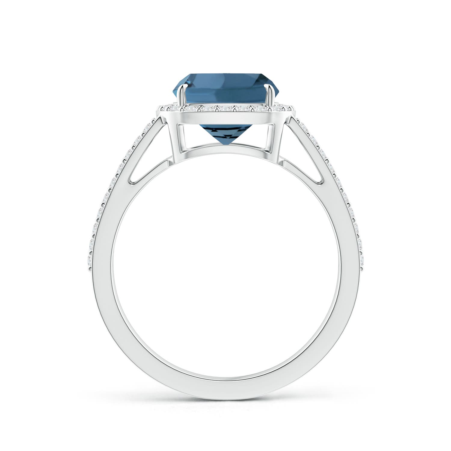 8mm A Cushion London Blue Topaz Split Shank Ring with Diamond Halo in P950 Platinum