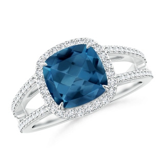 8mm AA Cushion London Blue Topaz Split Shank Ring with Diamond Halo in 9K White Gold