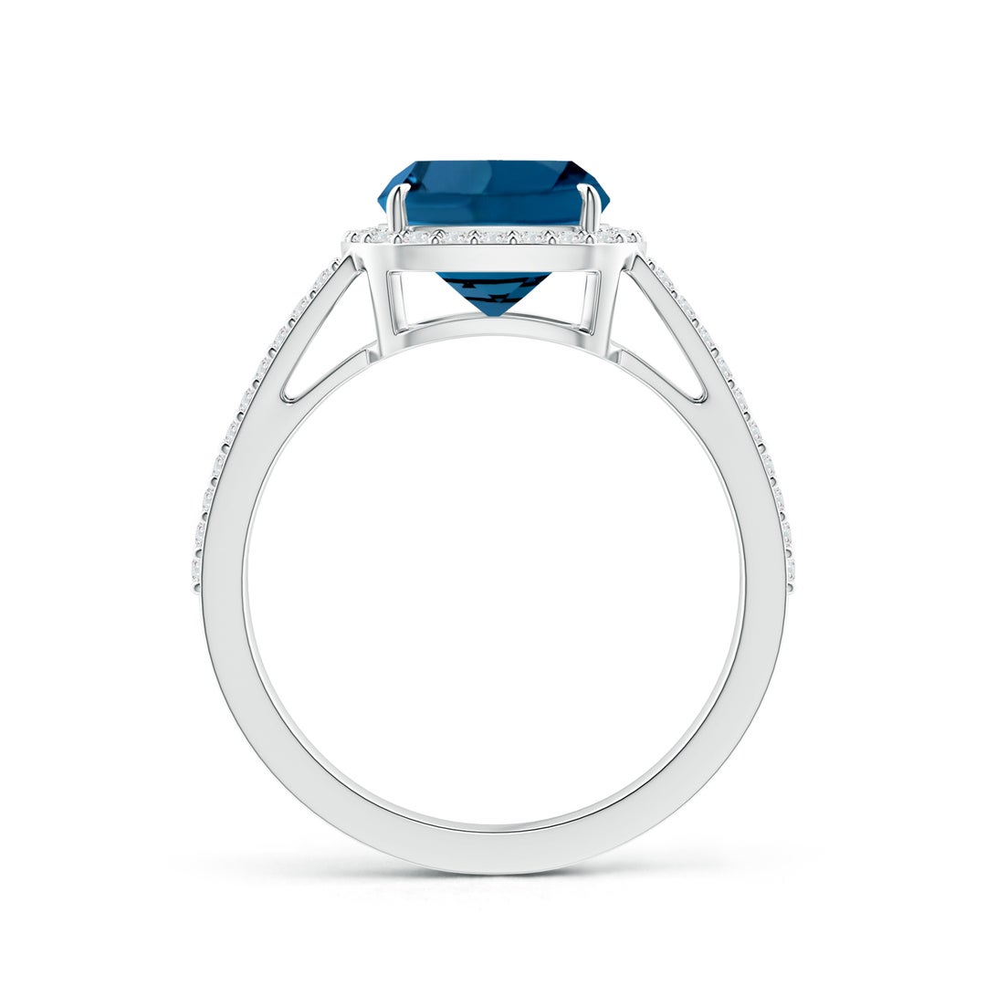8mm AAA Cushion London Blue Topaz Split Shank Ring with Diamond Halo in White Gold - side 1